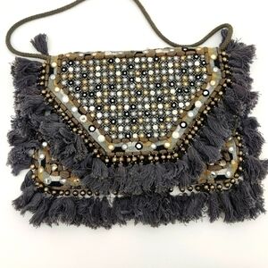 Ibban Anthropologie Bohemian Purse Fringe blue grey